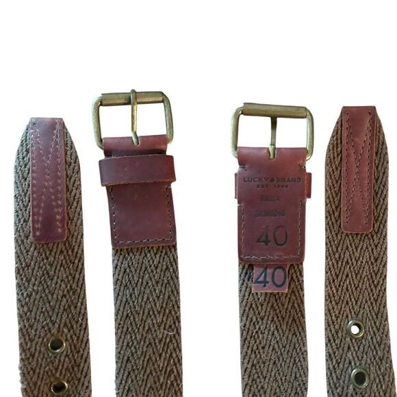 Vintage LUCKY BRAND Tan Brown  Leather Men’s Belt 40 Quad Stitch Cotton Webbing - Picture 1 of 2